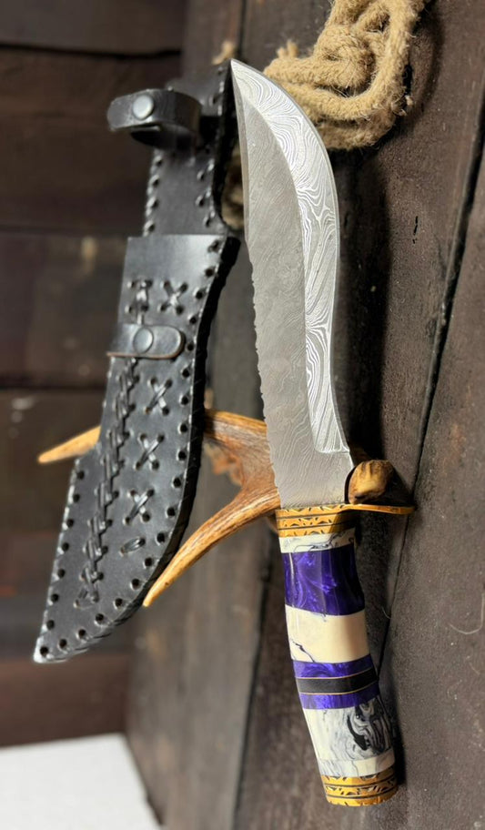 Handmade Damascus Hunting Knife with Leather Sheath – Custom Bushcraft Camping Knife