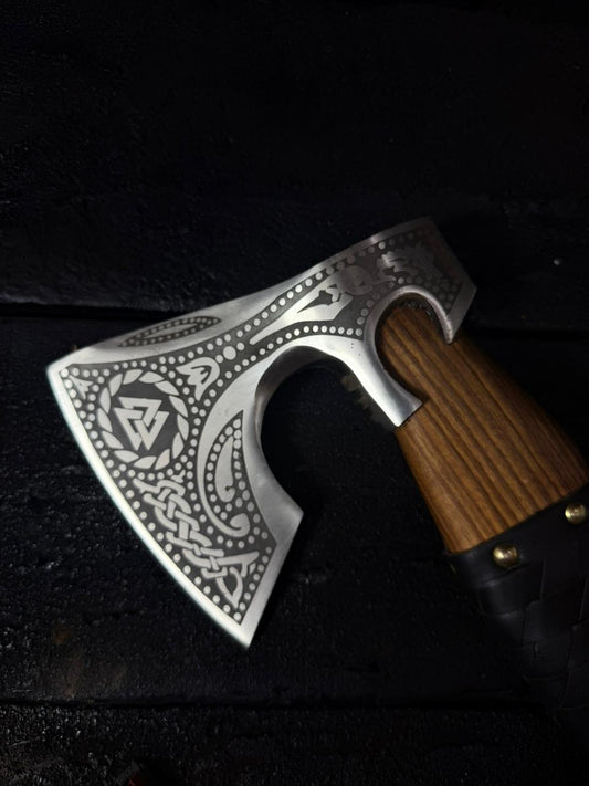 Hand Forged Viking Throwing Axe – Engraved Norse Bearded Hatchet with Wrapped Wooden Handle
