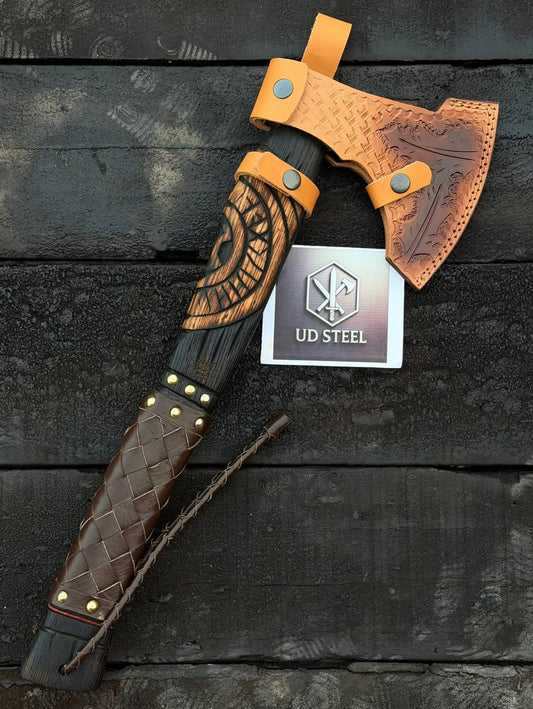 Handmade Viking Battle Axe with Engraved Steel Head & Leather Sheath - Premium Norse Tomahawk Axe with Wood Handle for Camping, Collection & Gifts