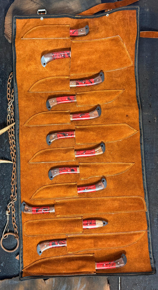 13-Piece Handcrafted Knife Set with Forged Blades | Wood & Red Resin Handles, and Leather Sheath Roll