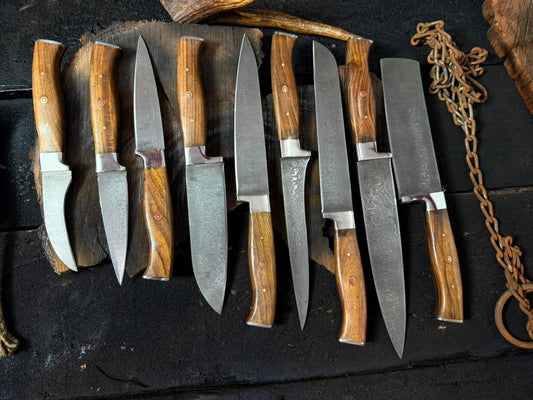Set of knives with wooden handles on a dark surface
