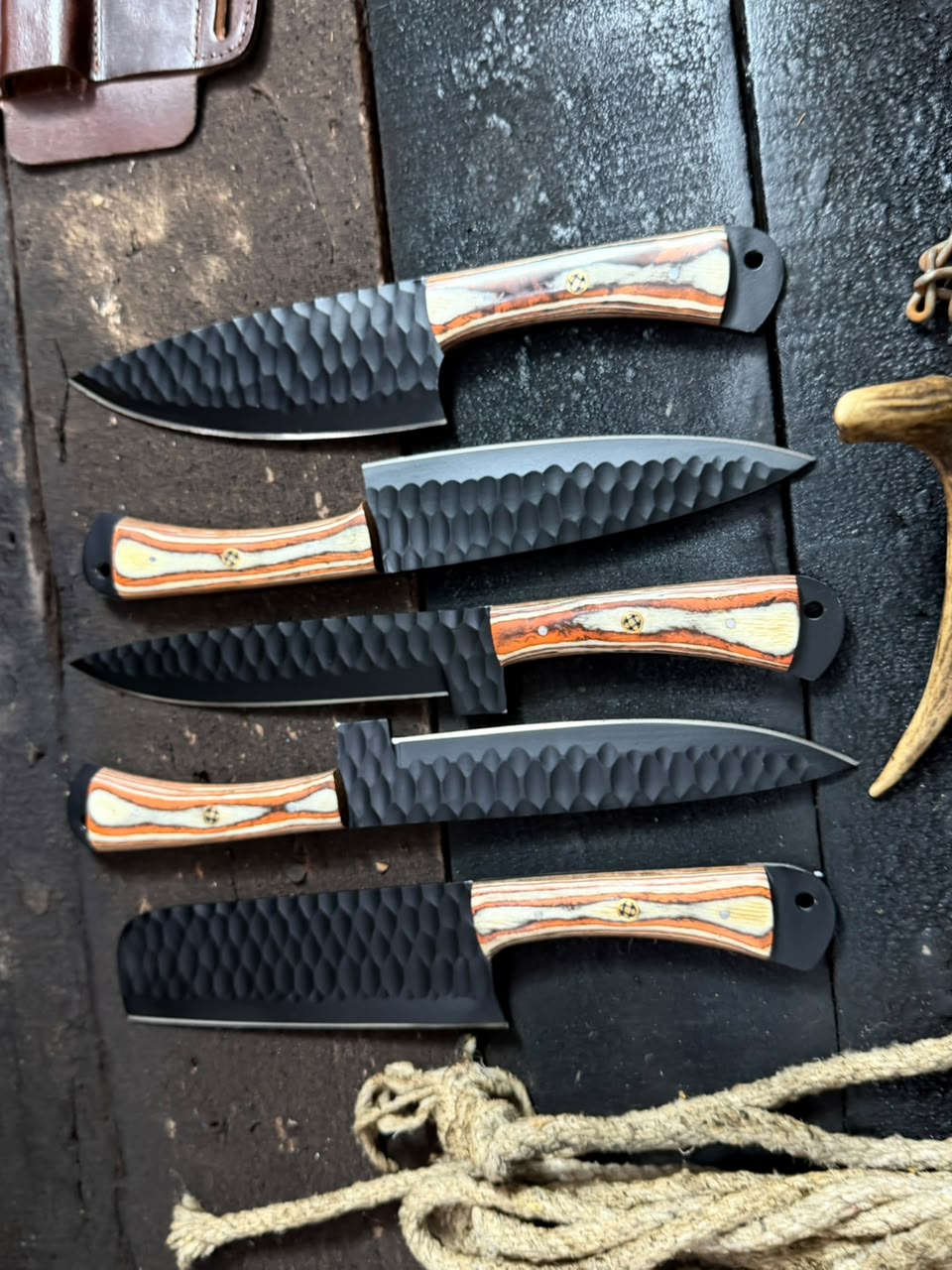 5- Pieces Hand Forged Black Blades Kitchen Knife Set, Handmade Full Tang Wood Sheet Handle Knife Set For Her With Leather Roll Kit