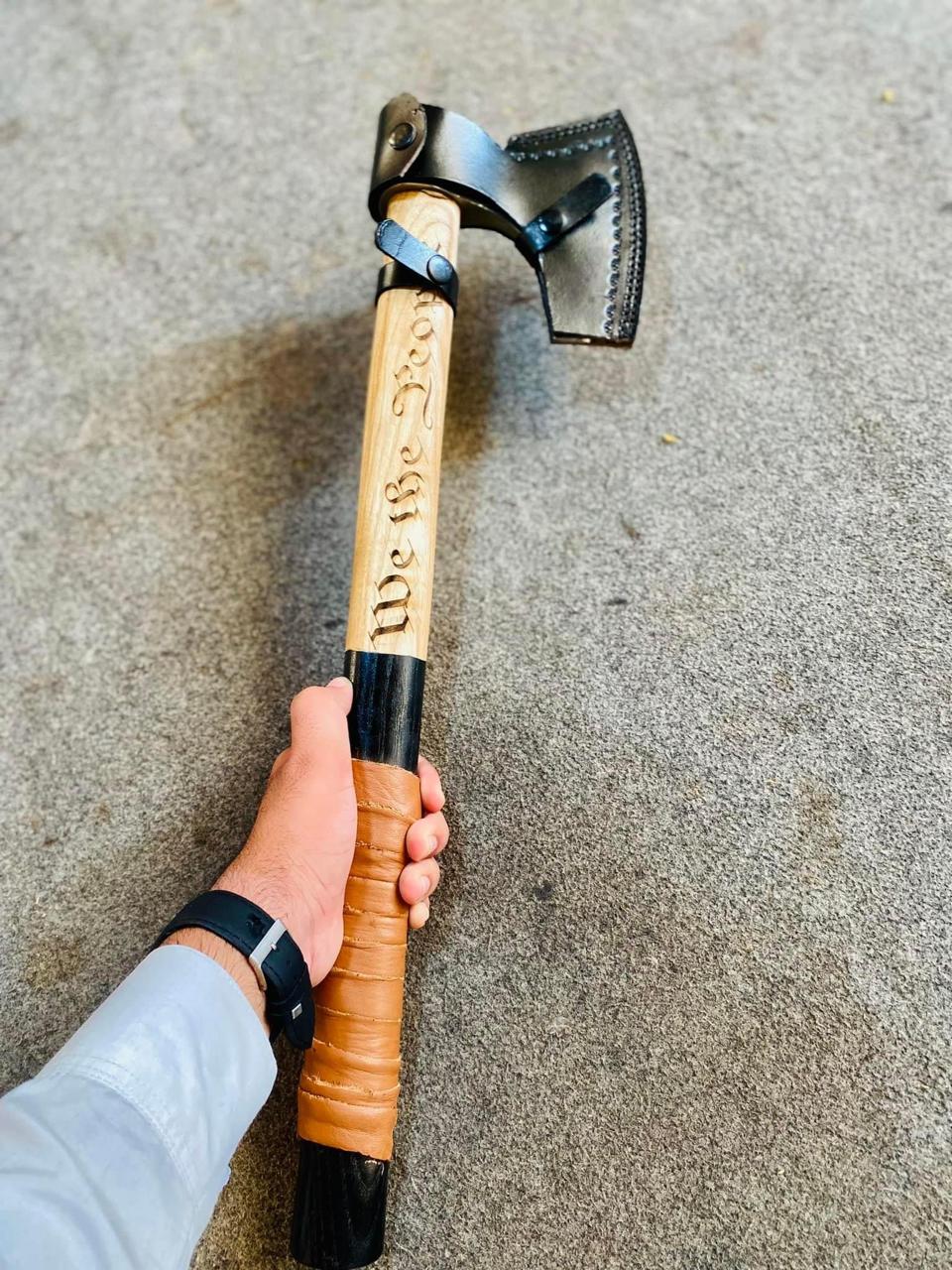 Personalized Camping Axe & Damascus Skinning Knife Gift Set with Leather Belt Sheath | Handmade Survival Hatchet