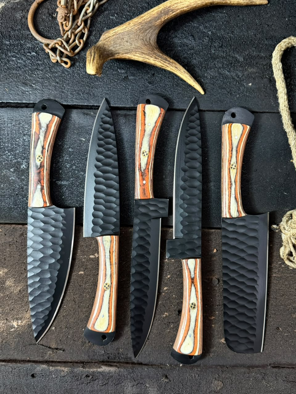 5- Pieces Hand Forged Black Blades Kitchen Knife Set, Handmade Full Tang Wood Sheet Handle Knife Set For Her With Leather Roll Kit