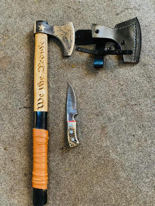 Personalized Camping Axe & Damascus Skinning Knife Gift Set with Leather Belt Sheath | Handmade Survival Hatchet