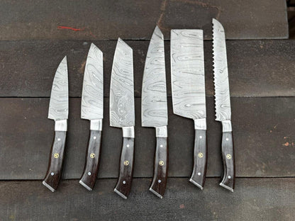 Set of six Damascus steel kitchen knives with wooden handles on a dark wooden surface