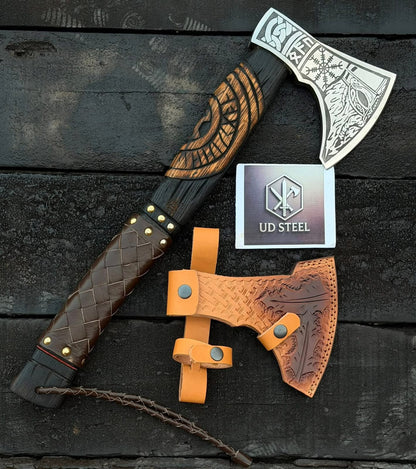Handmade Viking Battle Axe with Engraved Steel Head & Leather Sheath - Premium Norse Tomahawk Axe with Wood Handle for Camping, Collection & Gifts