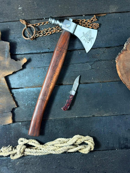 Hand-Forged Tomahawk Axe | Rose Wood Handle Custom Engraving Steel Blade with Pocket Knife & Wooden Box
