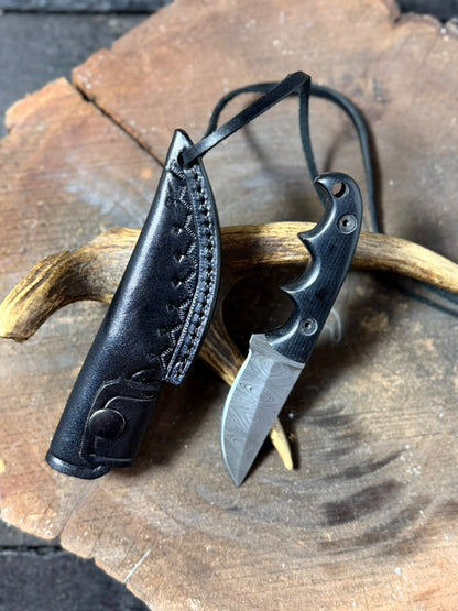 Handmade Damascus Steel Neck Knife | Black Micarta Handle & Black Leather Sheath