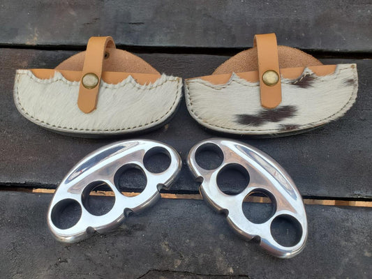 Premium Polished Stainless Steel Four-Finger Grip with Genuine Cowhide Leather Sheath