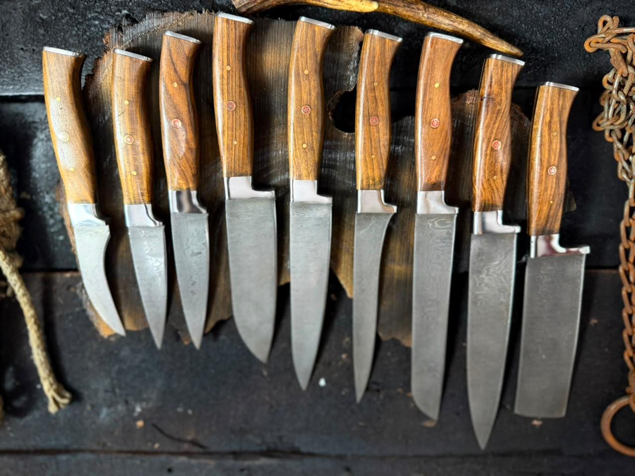 Set of knives with wooden handles on a dark surface