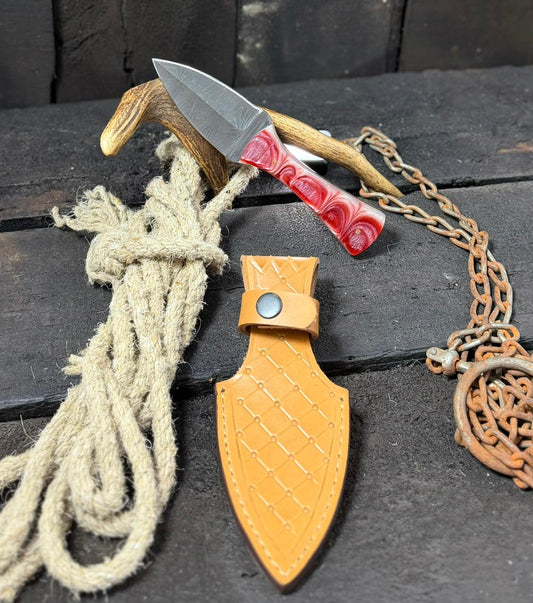 Handmade Damascus Skinning Knife with Leather Sheath – Custom Hunting & Camping Knife