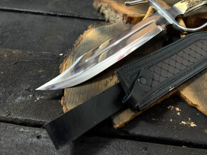 Handmade Bowie Hunting Knife with Antler Handle & Leather Belt Sheath – Stainless Steel Fixed Blade Survival Knife