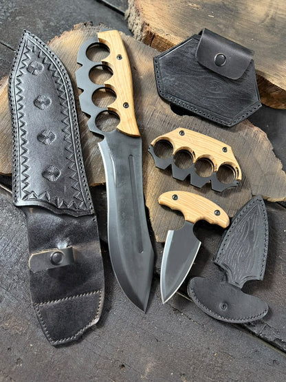 Handcrafted Black Blades Pack Of 3 | Walnut Wood Handle & Black Leather Sheath
