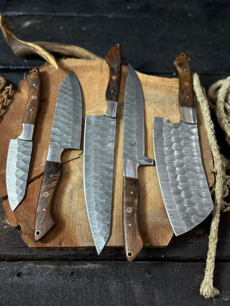 5-Piece Handmade Damascus Kitchen Knife Set – Chef Knife, Cleaver, Santoku & Utility Knives with Exotic Wood Handles | Professional Cooking Knife Collection