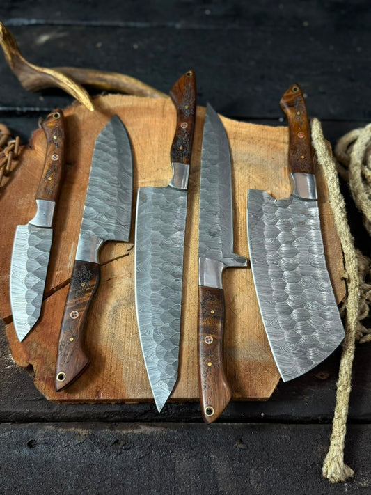 5-Piece Handmade Damascus Kitchen Knife Set – Chef Knife, Cleaver, Santoku & Utility Knives with Exotic Wood Handles | Professional Cooking Knife Collection