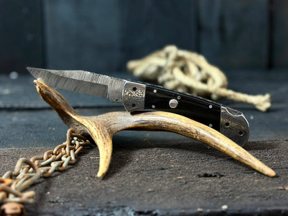 Handmade Damascus Steel Folding Pocket Knife with Engraved Bolsters & Premium Black Handle – Custom EDC Pocket Knife