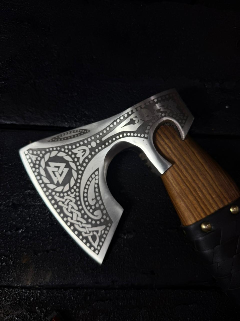 Hand Forged Viking Throwing Axe – Engraved Norse Bearded Hatchet with Wrapped Wooden Handle