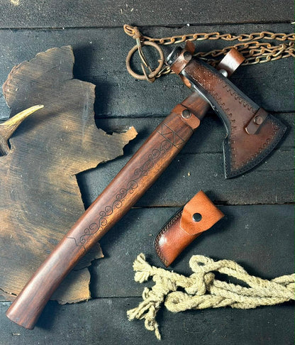 Hand-Forged Tomahawk Axe | Rose Wood Handle Custom Engraving Steel Blade with Pocket Knife & Wooden Box