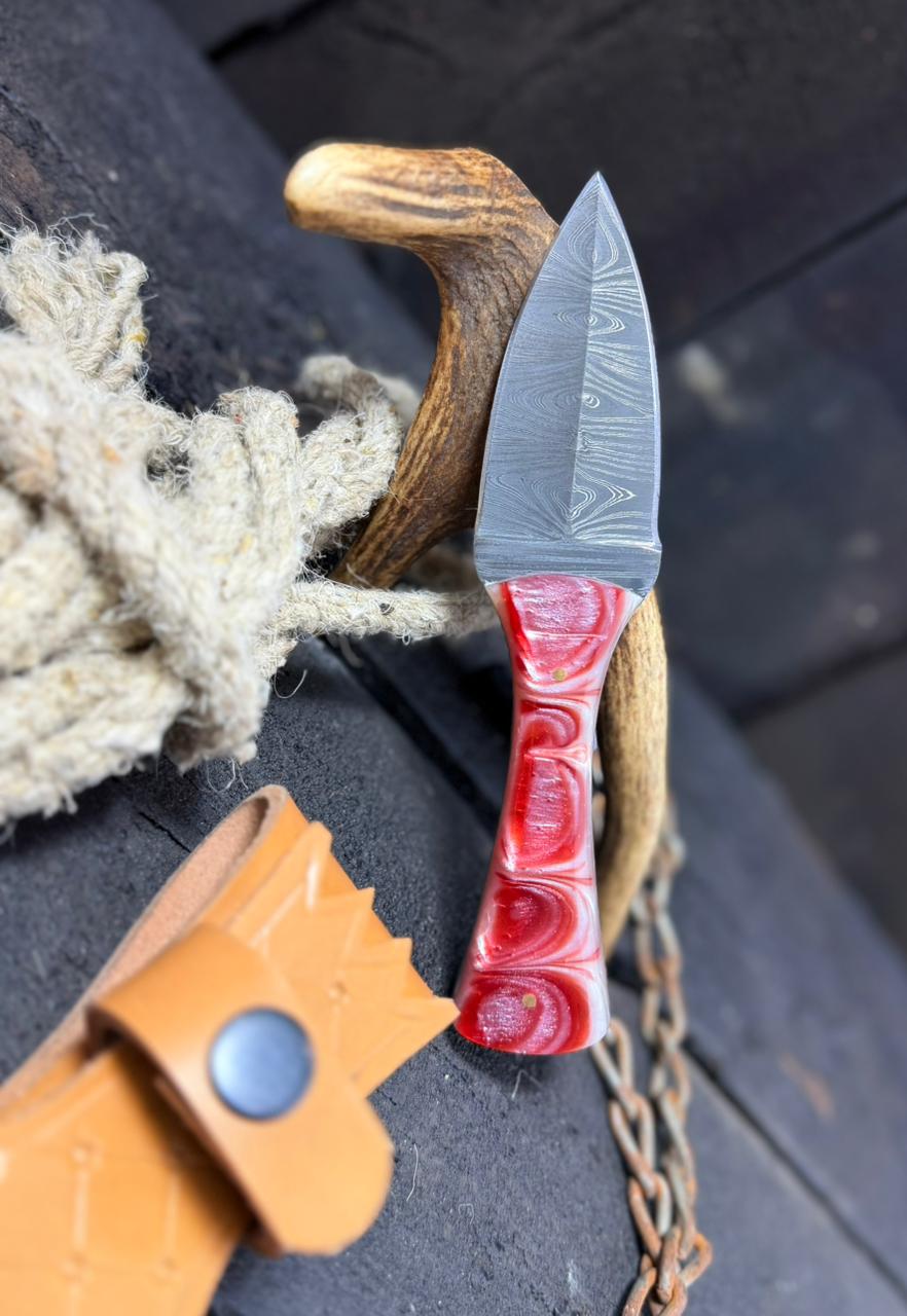 Handmade Damascus Skinning Knife with Leather Sheath – Custom Hunting & Camping Knife