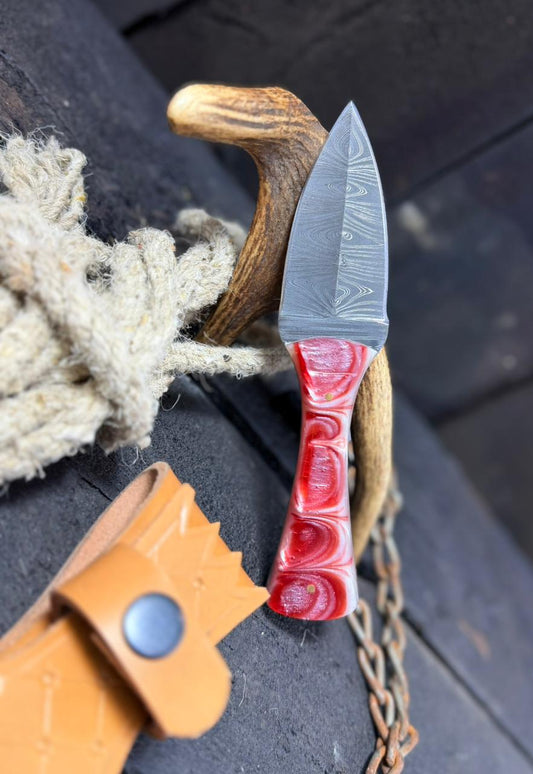 Handmade Damascus Skinning Knife with Leather Sheath – Custom Hunting & Camping Knife