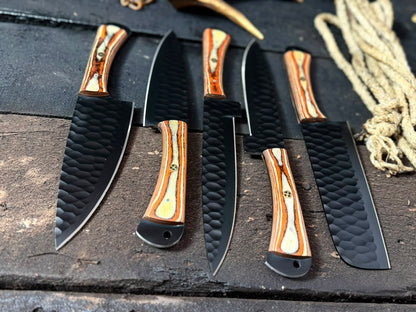 5- Pieces Hand Forged Black Blades Kitchen Knife Set, Handmade Full Tang Wood Sheet Handle Knife Set For Her With Leather Roll Kit