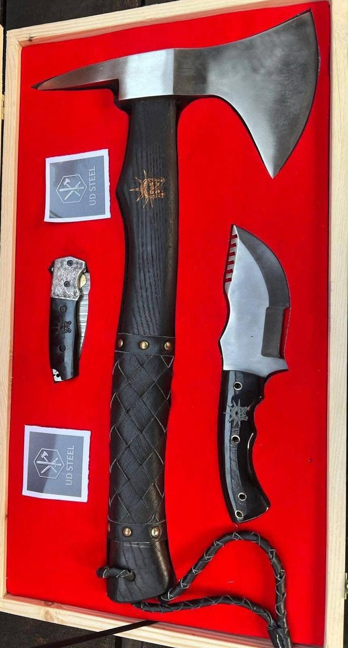 Set of axes with sheaths on a red background