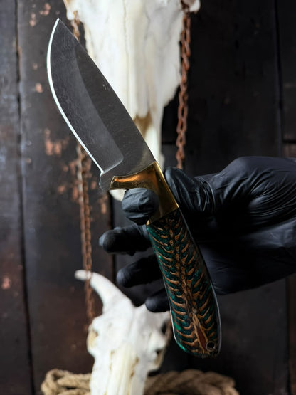 Handcrafted Damascus Steel Knife with Pine Cone Handle & Custom Leather Sheath – 9 Inch