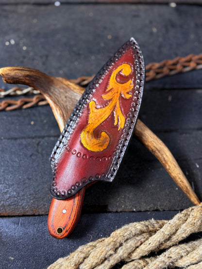 Handcrafted Fixed Blade EDC Knife | Dollar Sheet Handle, Patterned Blade & Custom Leather Sheath
