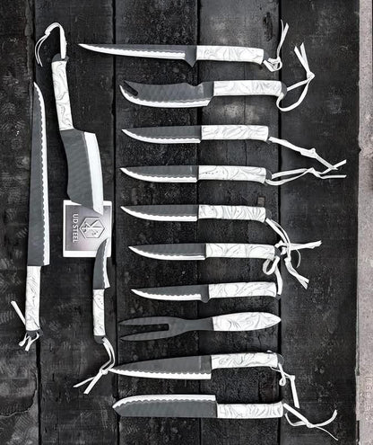 Set of knives with sheaths arranged on a wooden surface