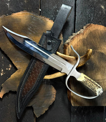 Handmade Bowie Hunting Knife with Antler Handle & Leather Belt Sheath – Stainless Steel Fixed Blade Survival Knife