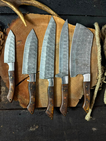 5-Piece Handmade Damascus Kitchen Knife Set – Chef Knife, Cleaver, Santoku & Utility Knives with Exotic Wood Handles | Professional Cooking Knife Collection