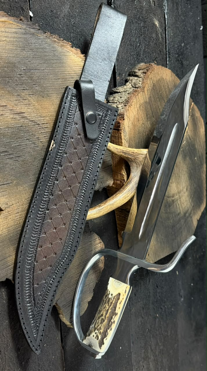 Handmade Bowie Hunting Knife with Antler Handle & Leather Belt Sheath – Stainless Steel Fixed Blade Survival Knife
