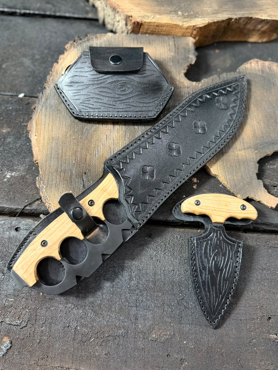 Handcrafted Black Blades Pack Of 3 | Walnut Wood Handle & Black Leather Sheath