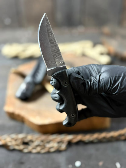 Handmade Damascus Steel Neck Knife | Black Micarta Handle & Black Leather Sheath