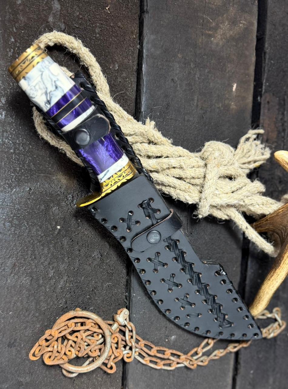 Handmade Damascus Hunting Knife with Leather Sheath – Custom Bushcraft Camping Knife
