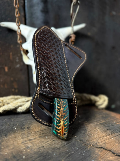 Handcrafted Damascus Steel Knife with Pine Cone Handle & Custom Leather Sheath – 9 Inch