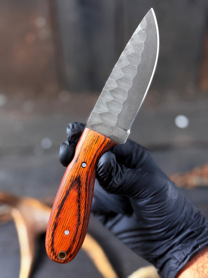 Handcrafted Fixed Blade EDC Knife | Dollar Sheet Handle, Patterned Blade & Custom Leather Sheath