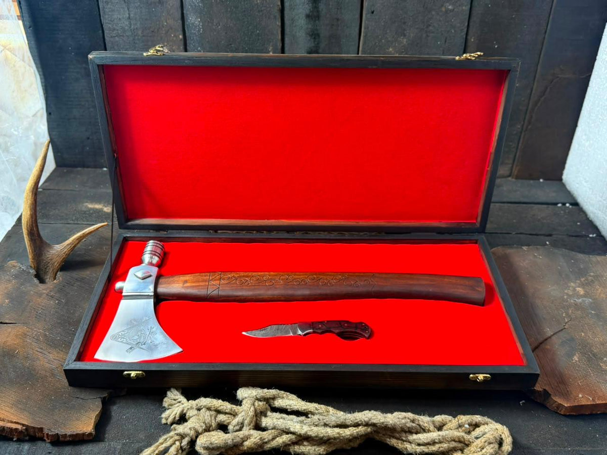 Hand-Forged Tomahawk Axe | Rose Wood Handle Custom Engraving Steel Blade with Pocket Knife & Wooden Box