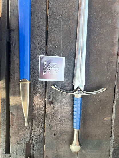 Handmade Fantasy Long Sword with Stainless Steel Blade & Blue Leather Wrapped Handle - Premium Medieval Sword Replica with Custom Engraving Options