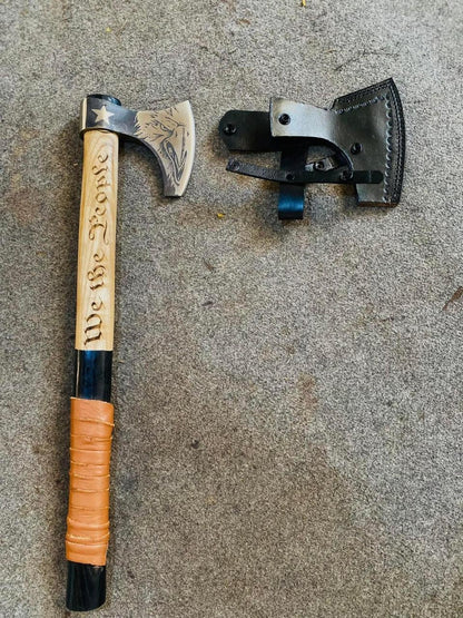 Personalized Camping Axe & Damascus Skinning Knife Gift Set with Leather Belt Sheath | Handmade Survival Hatchet