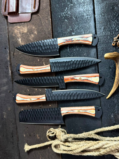5- Pieces Hand Forged Black Blades Kitchen Knife Set, Handmade Full Tang Wood Sheet Handle Knife Set For Her With Leather Roll Kit