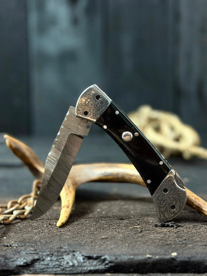 Handmade Damascus Steel Folding Pocket Knife with Engraved Bolsters & Premium Black Handle – Custom EDC Pocket Knife