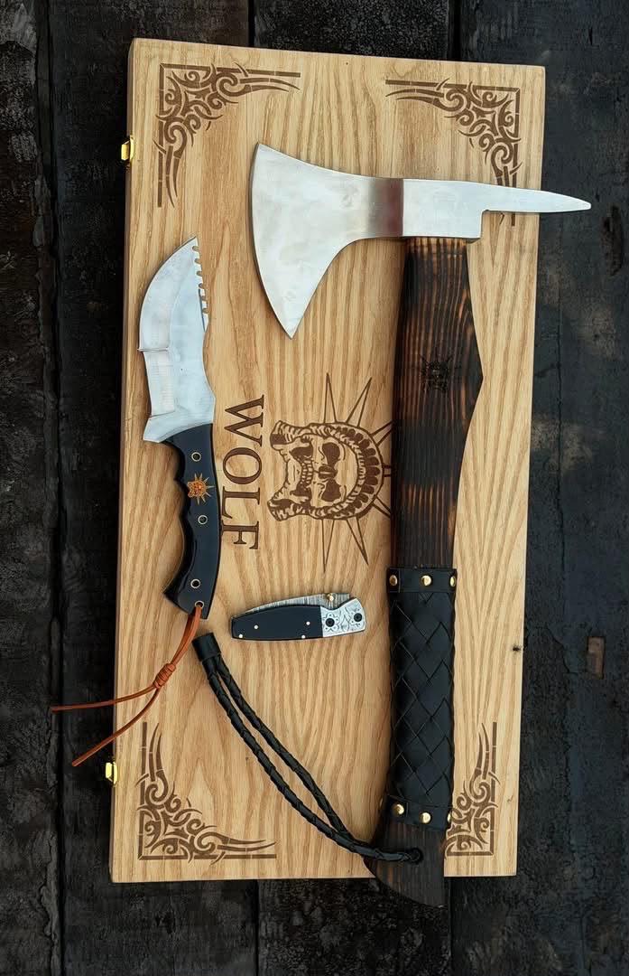 Handmade Outdoor Survival Axe & Hunting Knife Combo Set with Leather Sheaths | High Carbon Steel Camping Hatchet & Fixed Blade Knife Gift Set