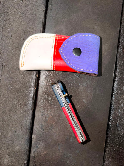 Handmade Texas Flag Folding Pocket Knife with Leather Sheath | Custom EDC Pocket Knife | Hammered Steel Blade | Compact Hunting & Camping Knife Gift for Men
