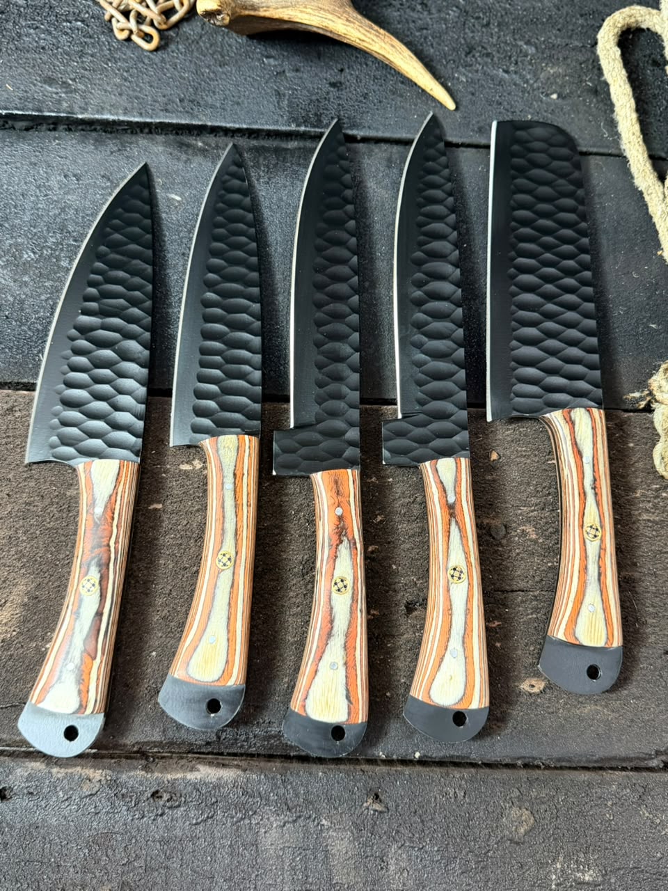 5- Pieces Hand Forged Black Blades Kitchen Knife Set, Handmade Full Tang Wood Sheet Handle Knife Set For Her With Leather Roll Kit