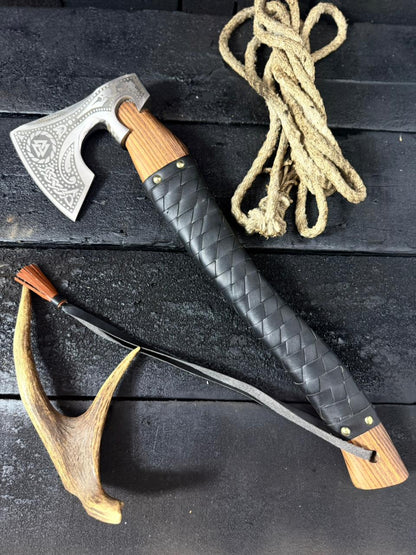 Hand Forged Viking Throwing Axe – Engraved Norse Bearded Hatchet with Wrapped Wooden Handle