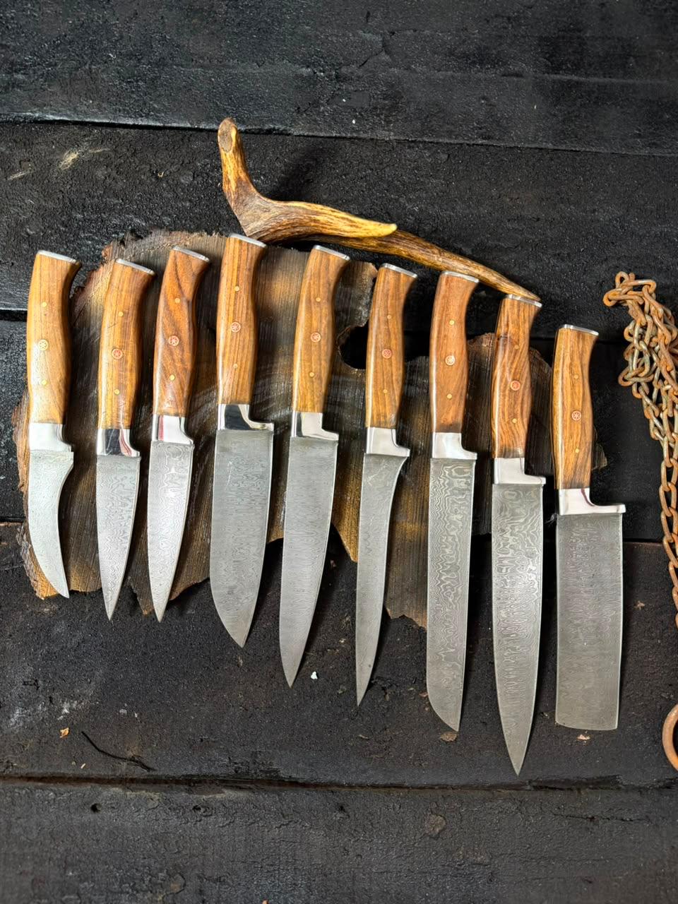 Set of knives with wooden handles on a dark surface