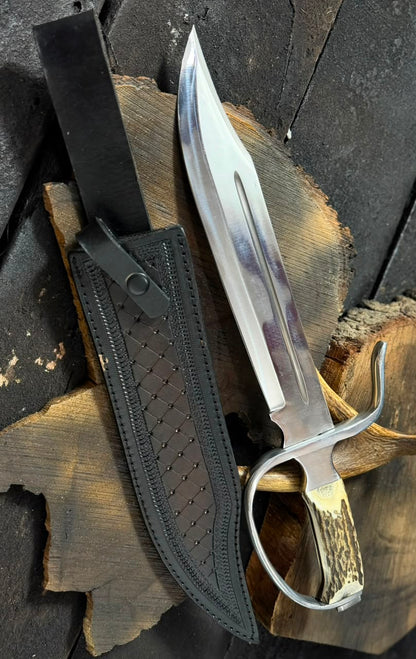 Handmade Bowie Hunting Knife with Antler Handle & Leather Belt Sheath – Stainless Steel Fixed Blade Survival Knife
