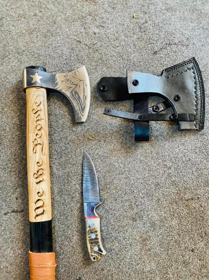 Personalized Camping Axe & Damascus Skinning Knife Gift Set with Leather Belt Sheath | Handmade Survival Hatchet